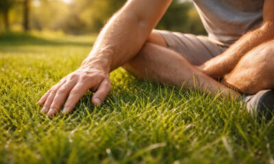 Человек сидит на траве и проводит рукой по зелёной траве