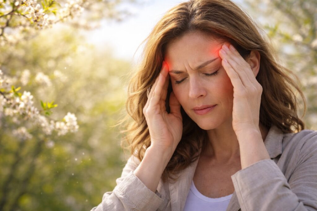 Весенняя Мигрень - Женщина с мигренью среди цветущих деревьев