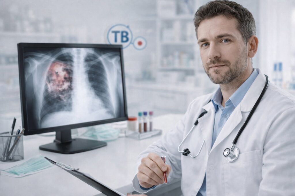 Врач-инфекционист в медицинском кабинете