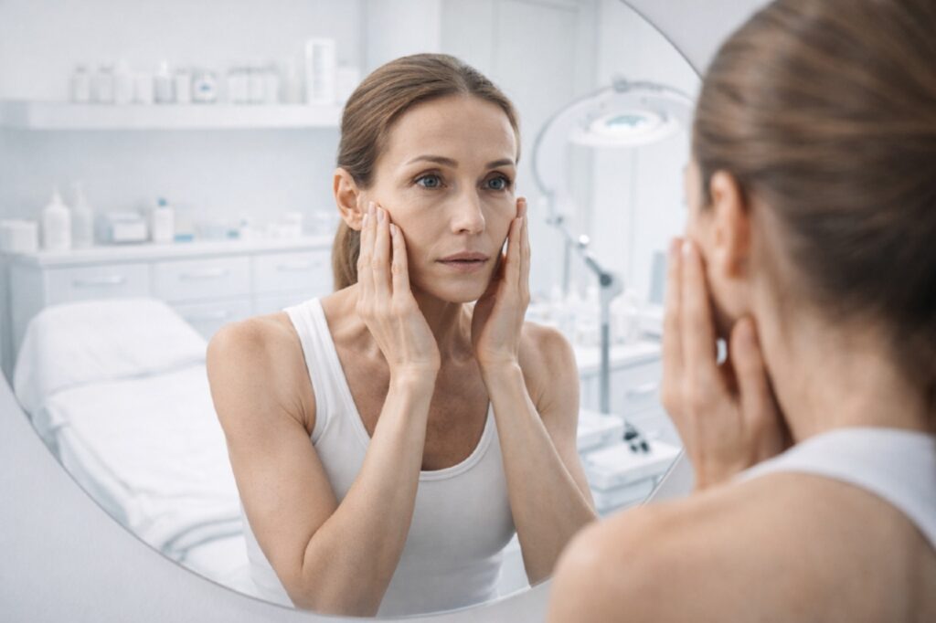 Женщина в медицинской клинике следит за собой в зеркале