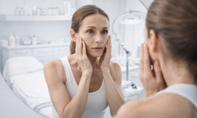 Женщина в медицинской клинике следит за собой в зеркале