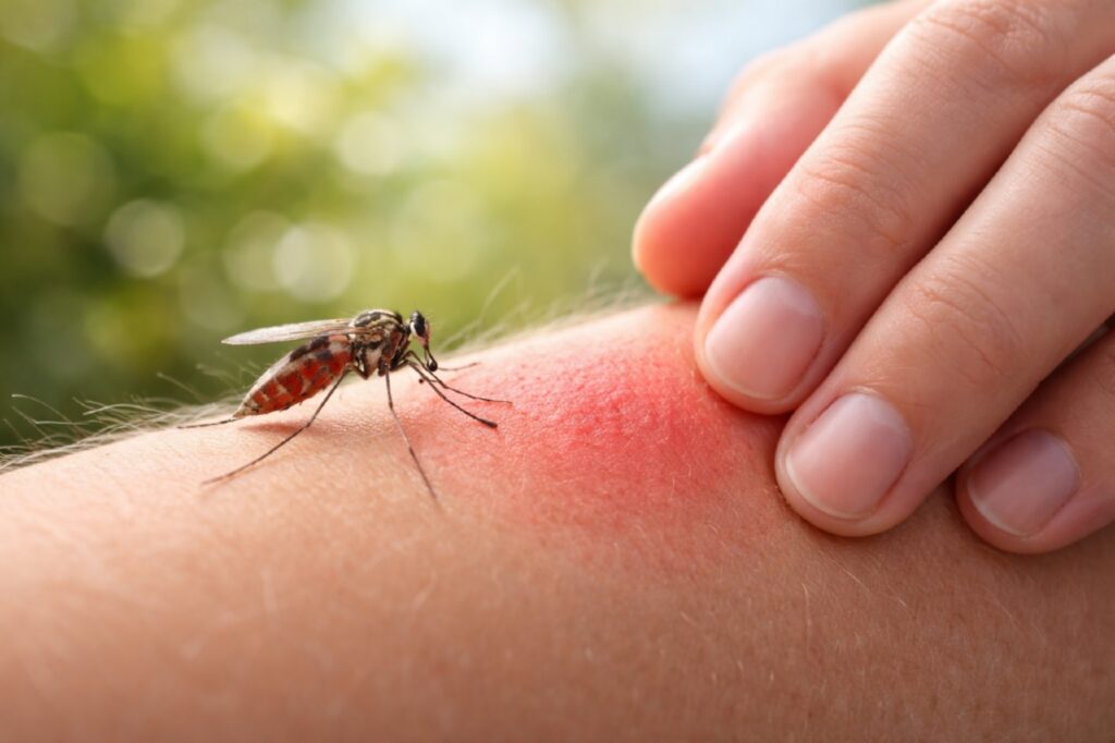 Комар на тёплой коже человека