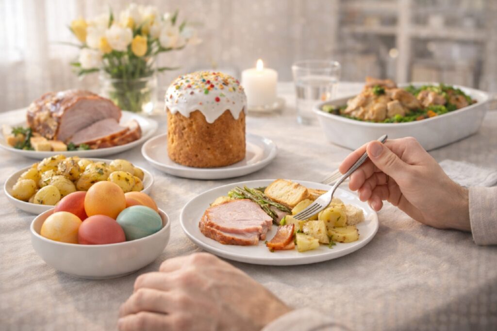 Пасхальный обед на праздничном столе