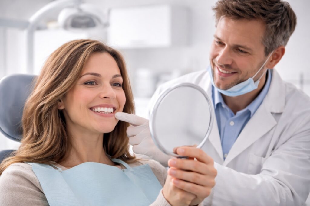 Улыбка пациента в стоматологическом кабинете