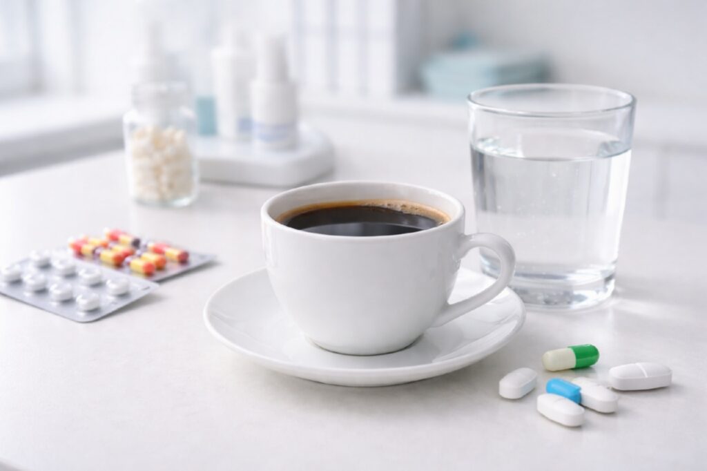 Чашка кофе и медикаменты на столе