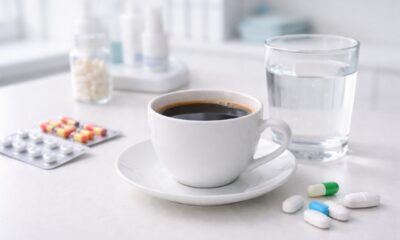 Чашка кофе и медикаменты на столе