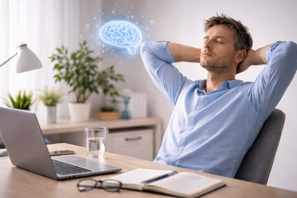 Человек делает короткий перерыв во время умственной работы