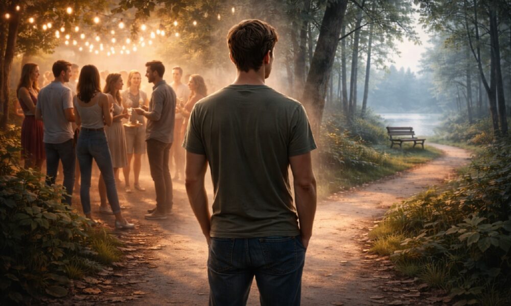 Человек стоит между оживленной группой людей и тихим уединенным пространством