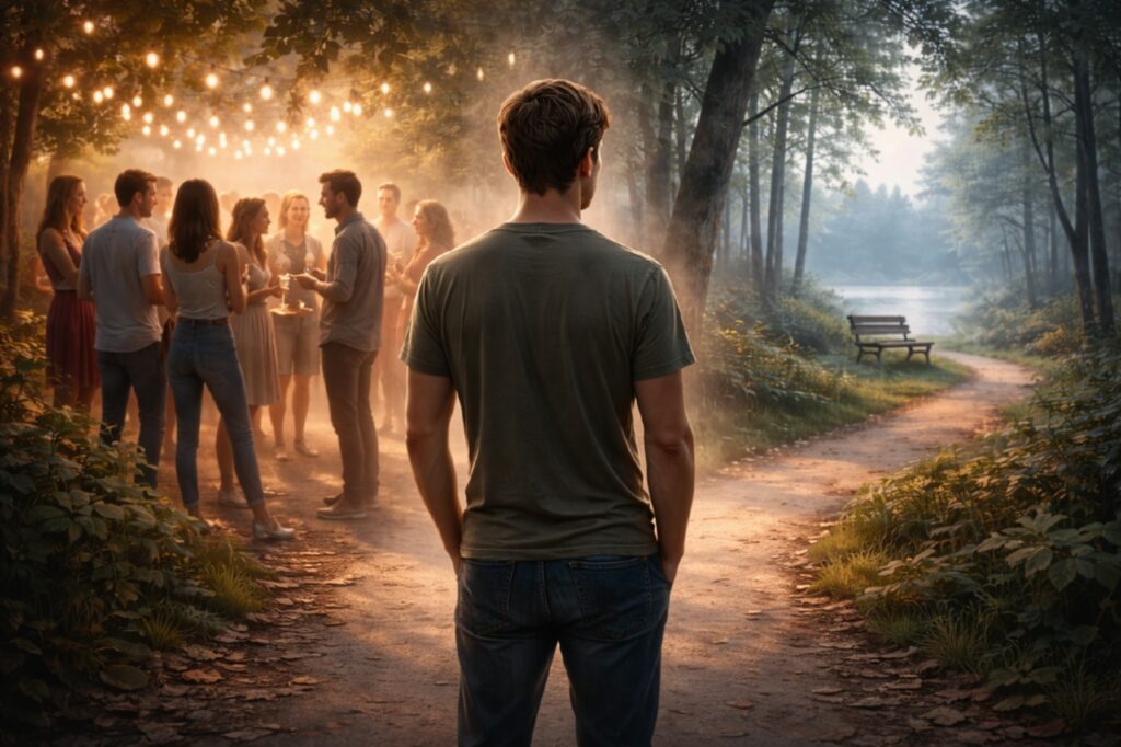 Человек стоит между оживленной группой людей и тихим уединенным пространством