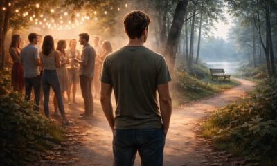 Человек стоит между оживленной группой людей и тихим уединенным пространством