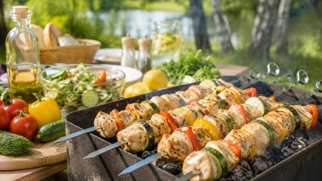 Аппетитный шашлык из курицы и овощей на мангале