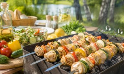 Аппетитный шашлык из курицы и овощей на мангале