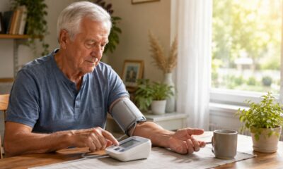Пожилой человек измеряет давление с помощью тонометра