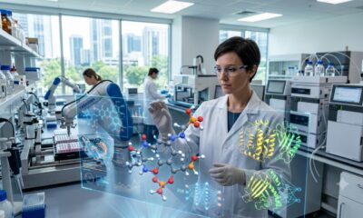 Ученый-фармацевт работает в высокотехнологичной лаборатории с системой искусственного интеллекта