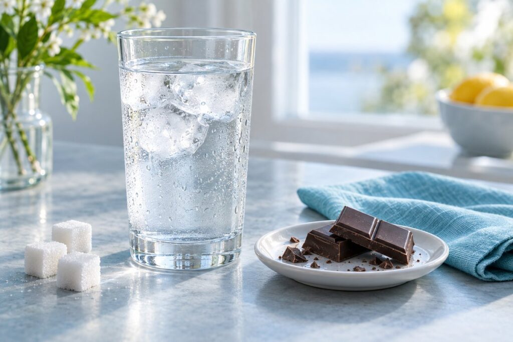 Стакан воды со льдом, кусочки сахара и шоколад на светлом столе