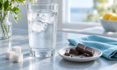 Стакан воды со льдом, кусочки сахара и шоколад на светлом столе