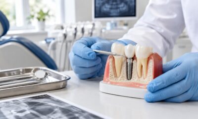 Имплантация зубов: зубной имплант и керамическая коронка на модели челюсти.