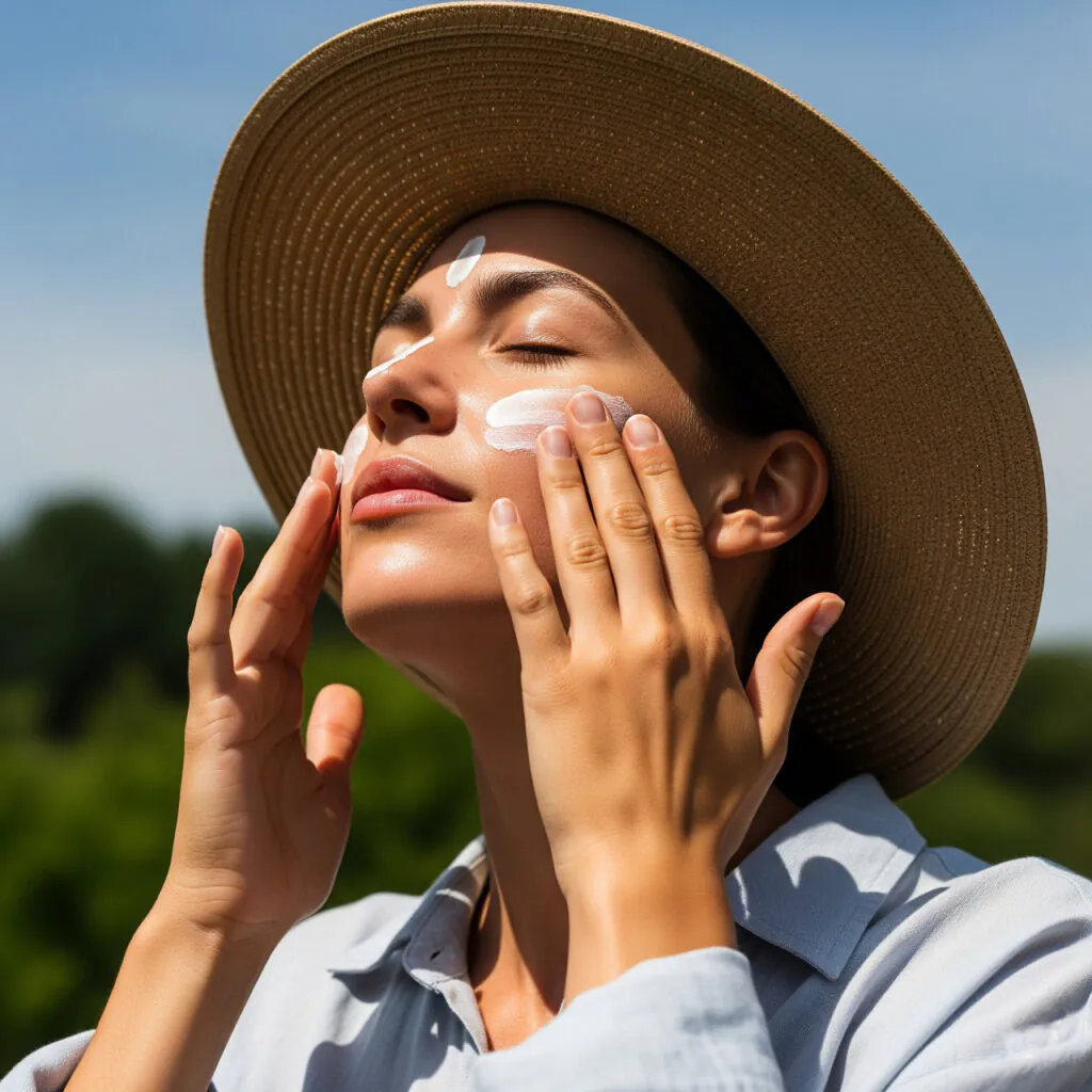 Женщина наносит солнцезащитный крем на лицо на фоне яркого летнего дня